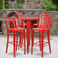 Flash Furniture CH-51080BH-4-30VRT-RED-GG 24" Round Metal Bar Table Set with 4 Vertical Slat Back Barstools in Red